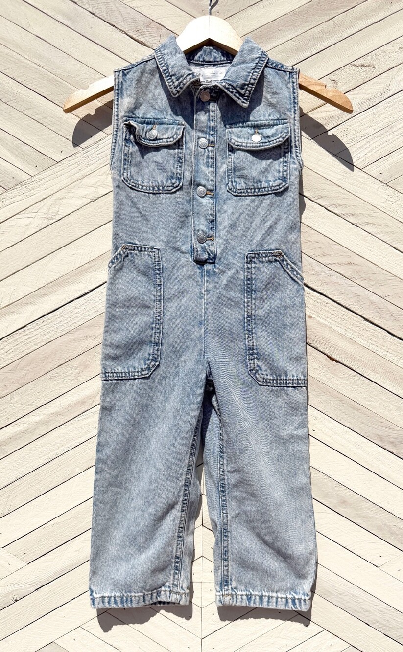 Zara Girls Denim Jumpsuit Utility Coverall Light Wash One Piece | Size 5